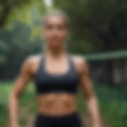 Athletic woman performing resistance band exercises outdoors