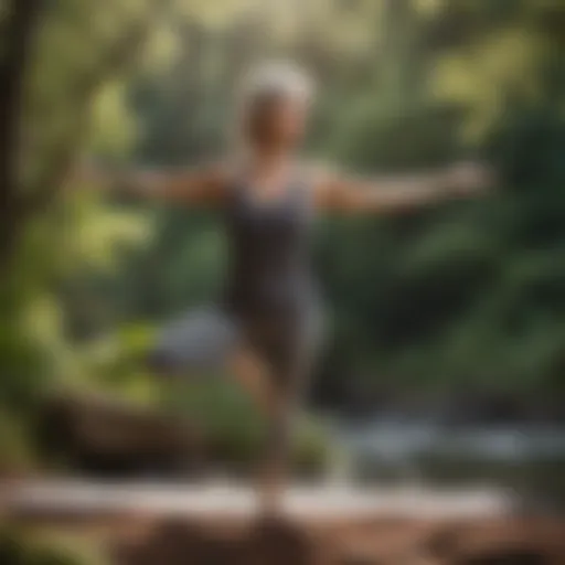 Mature woman performing yoga balancing pose in nature