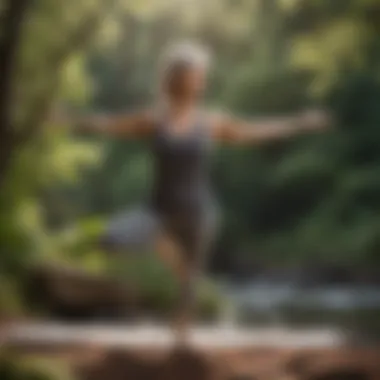Harmony in Motion Mature woman performing yoga balancing pose in nature